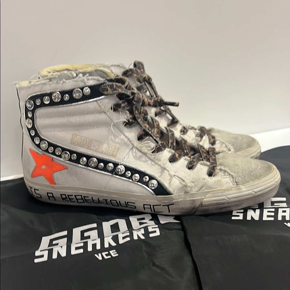 Golden Goose White and Orange High-Top Sneakers